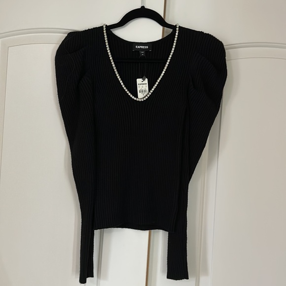 NWT Express Embellished V-Neck Puff Sleeve Sweater - Picture 7 of 8